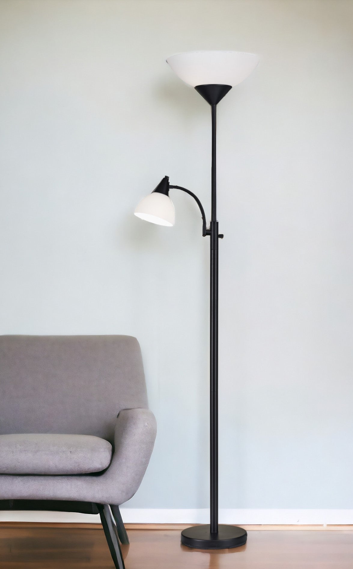 71" Two Light Torchiere Floor Lamp With White Acrylic Bowl Shades-Floor Lamps-DECOROLALA