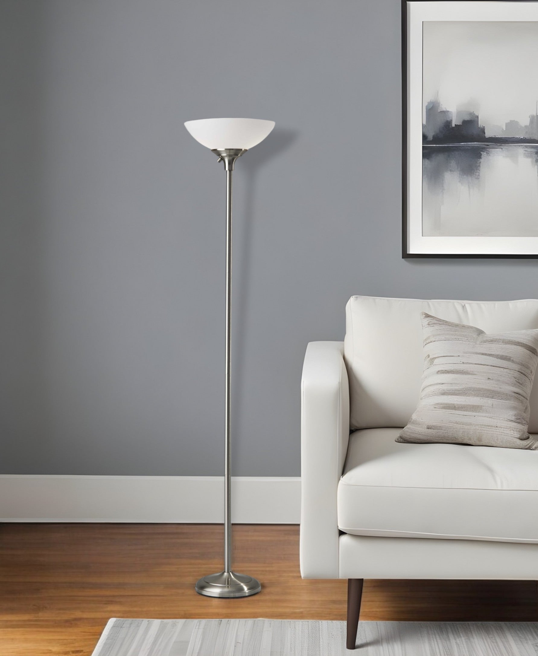 71" Silver Metal Torchiere Floor Lamp With White Bowl Shade-Floor Lamps-DECOROLALA