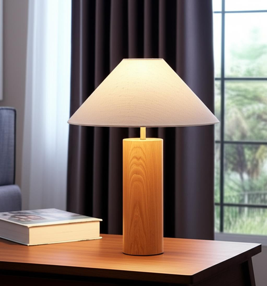 26" Natural Solid Wood Cylinder Table Lamp With White Cone Shade-0