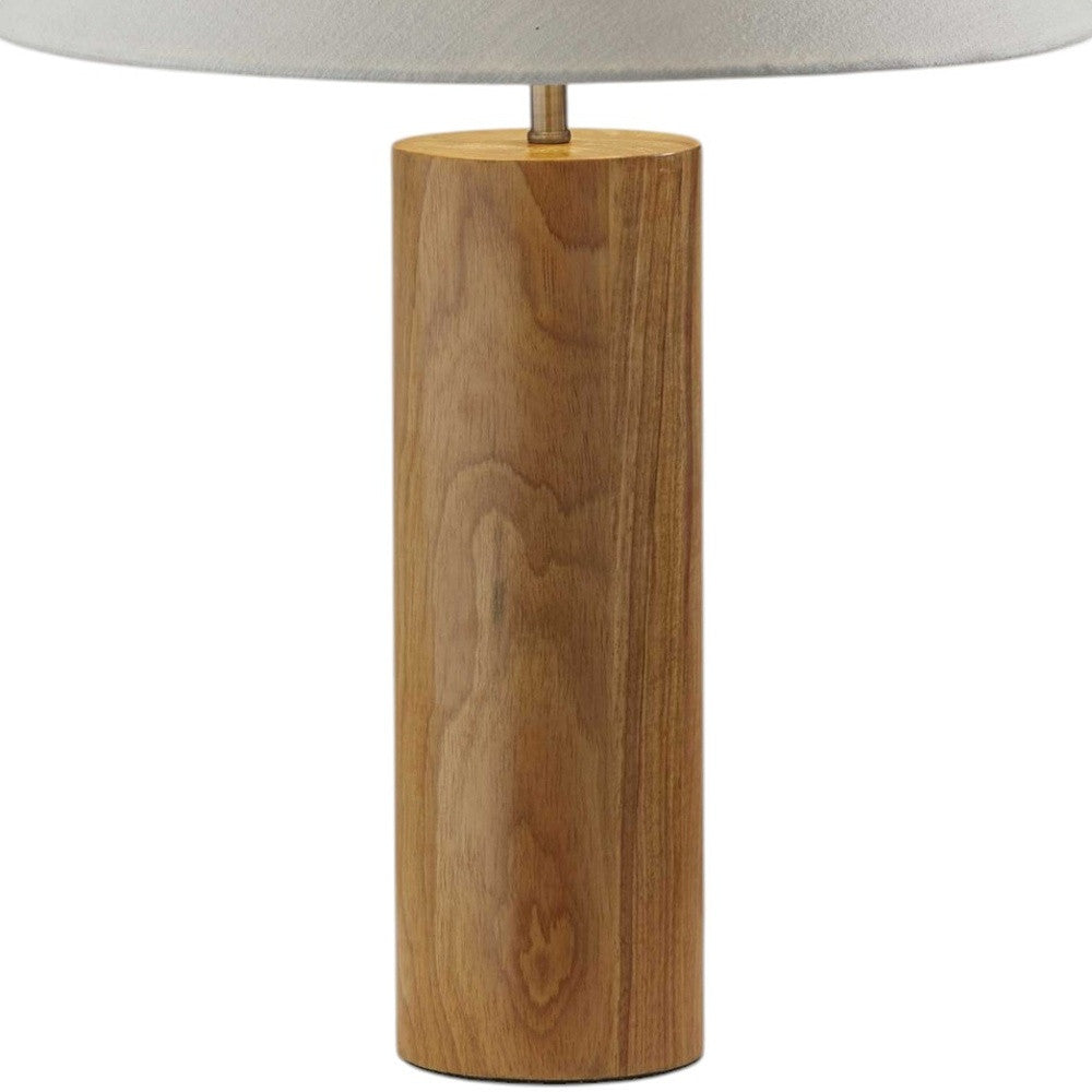 26" Natural Solid Wood Cylinder Table Lamp With White Cone Shade-5