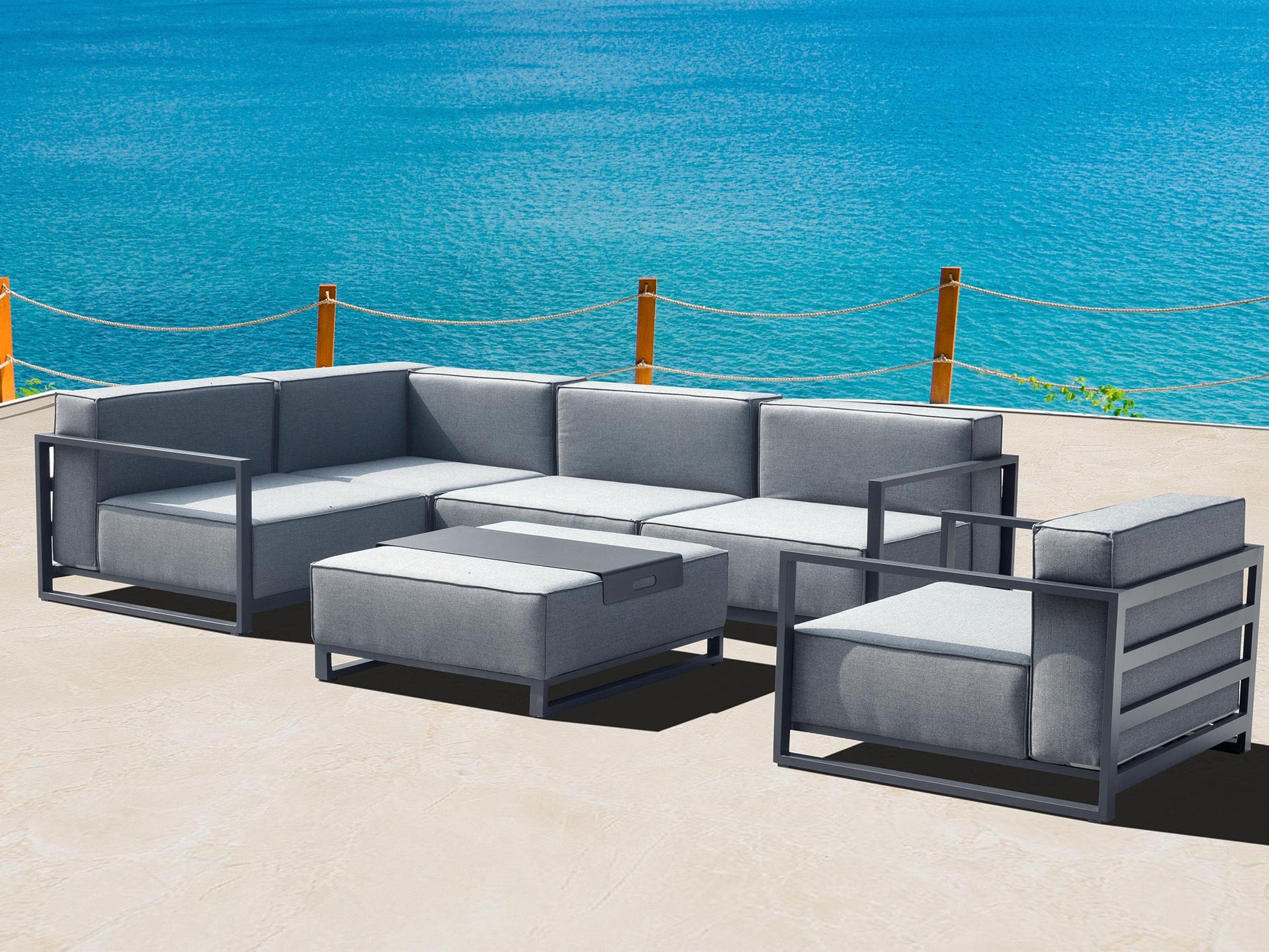 35" Gray and TPU Coating Metal Outdoor Modular with Gray Cushion-Outdoor Chairs-DECOROLALA