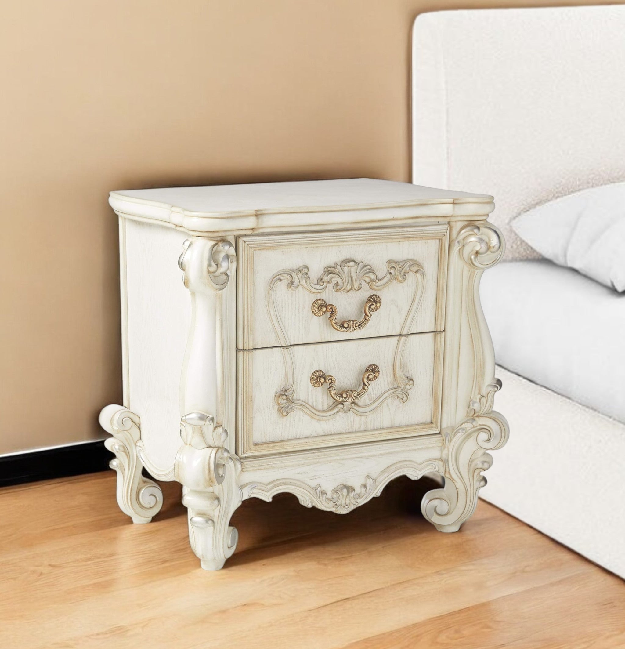 31" White Wood Two Drawer Nightstand-Nightstands & Bedside Tables-DECOROLALA