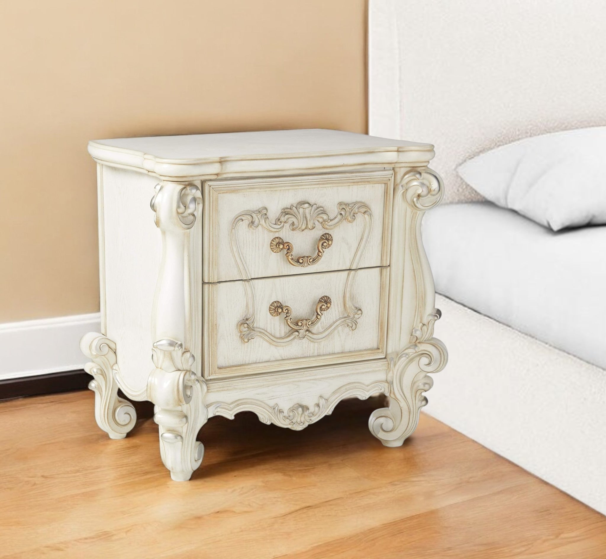31" White Wood Two Drawer Nightstand-Nightstands & Bedside Tables-DECOROLALA
