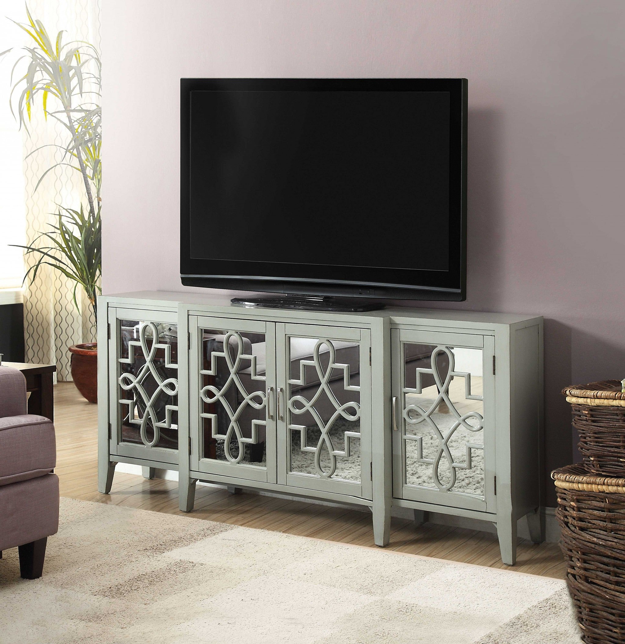72" Gray And Silver Mirrored Wood Distressed Solid Console Table-Console Tables-DECOROLALA