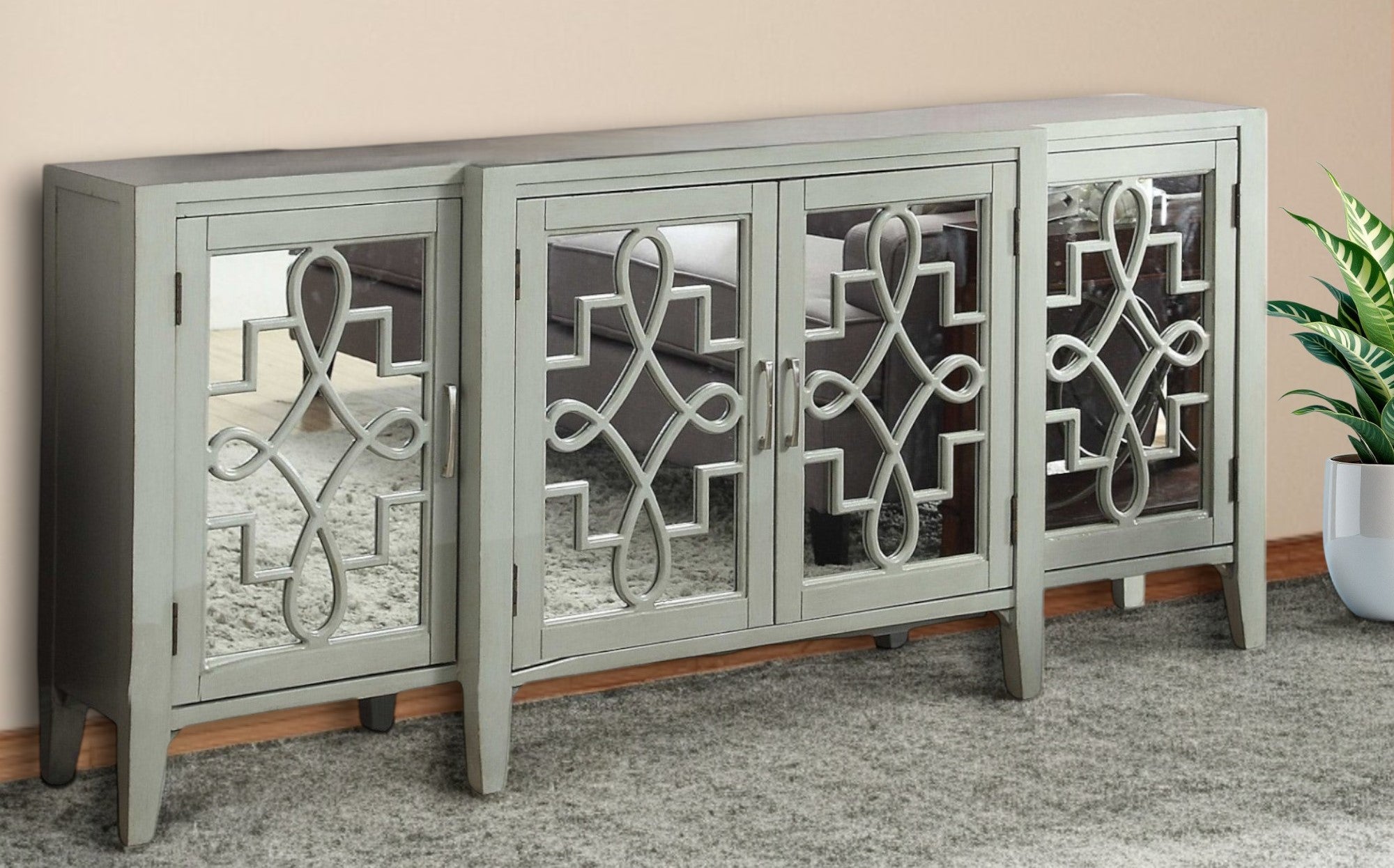 72" Gray And Silver Mirrored Wood Distressed Solid Console Table-Console Tables-DECOROLALA