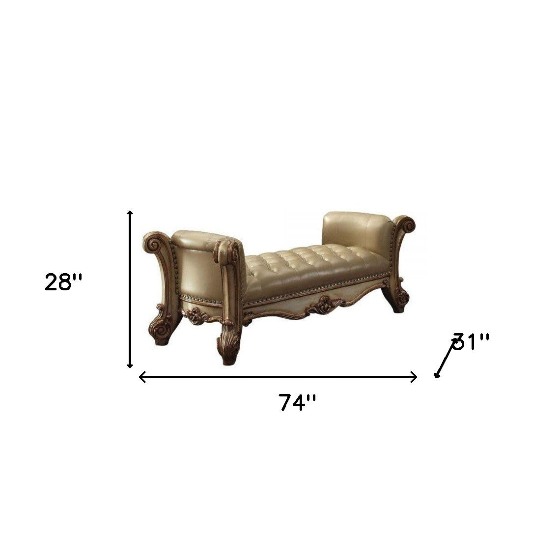 74" Bone and Gold Tufted Faux Leather Upholstered Bench-Benches-DECOROLALA
