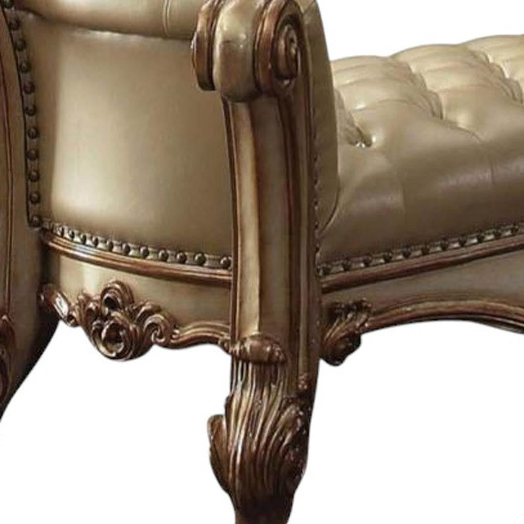 74" Bone and Gold Tufted Faux Leather Upholstered Bench-Benches-DECOROLALA