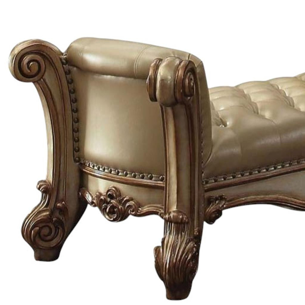 74" Bone and Gold Tufted Faux Leather Upholstered Bench-Benches-DECOROLALA
