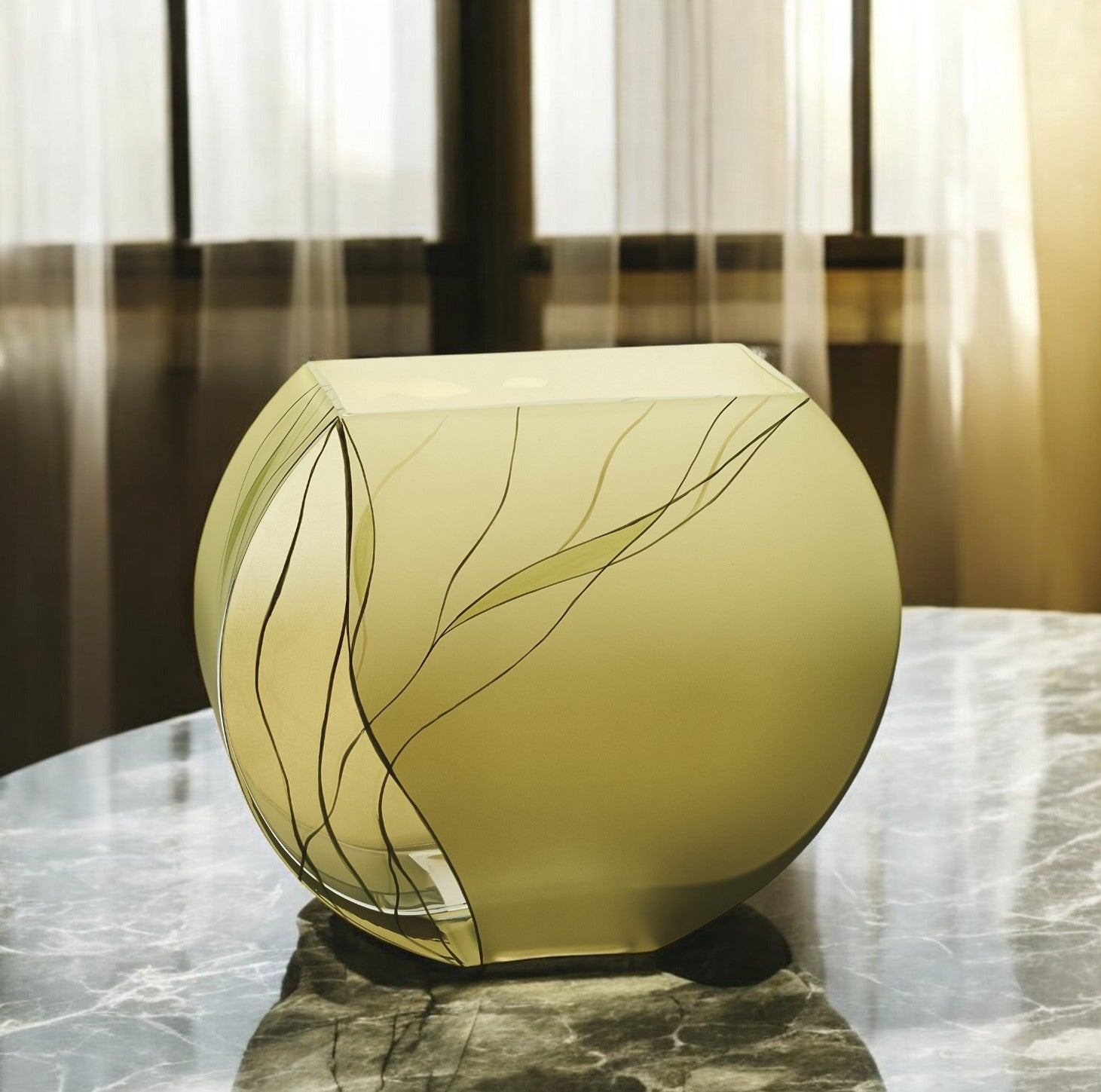9" Green Round Crystal Glass Table Vase With Sculptural Details-0