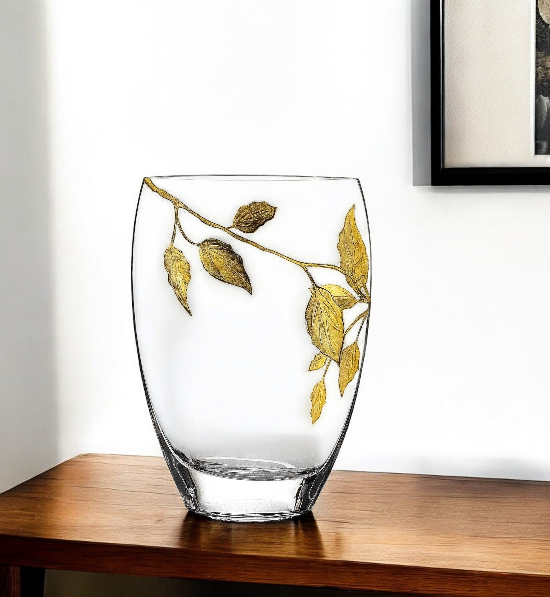 12" Clear And Gold Leaves Oval Crystal Glass Table Vase-0