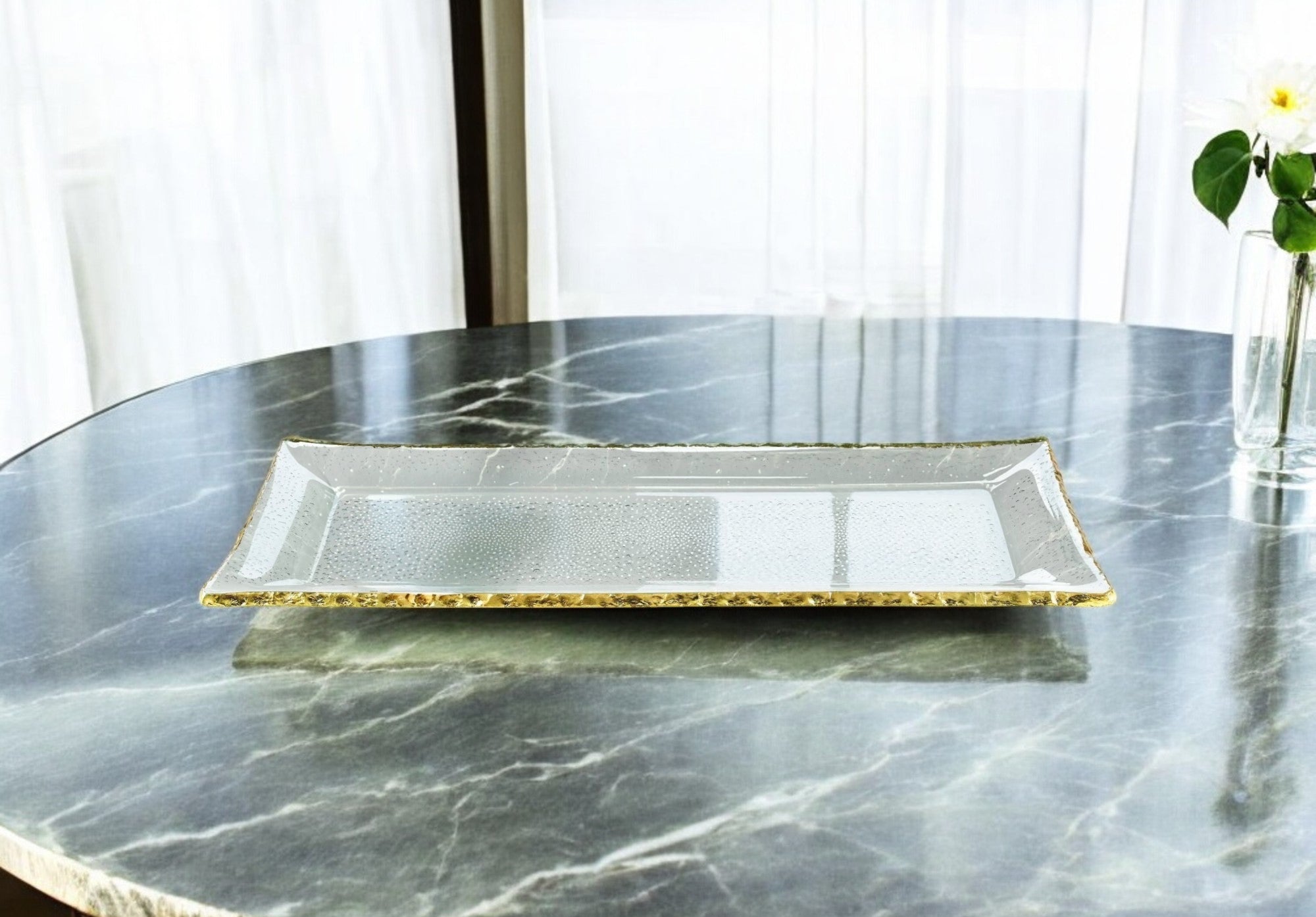 18 Mouth Blown Rectangular Edge Gold Leaf Serving Platter Or Tray-0