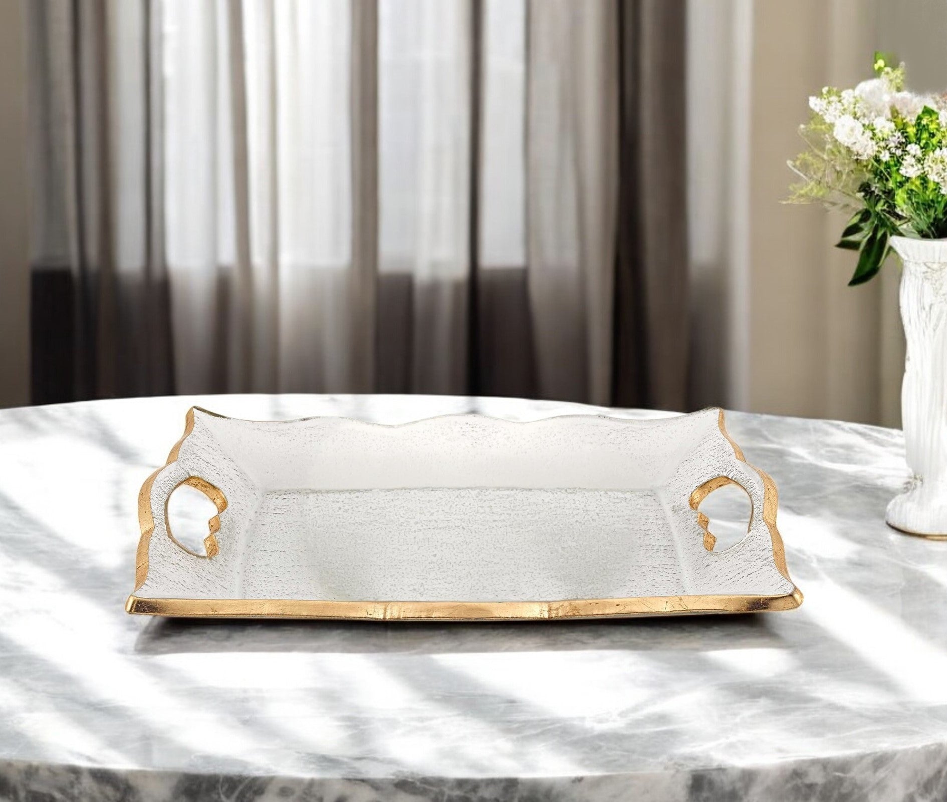 11" Clear And Gold Seeded Glass Serving Tray With Handles-0