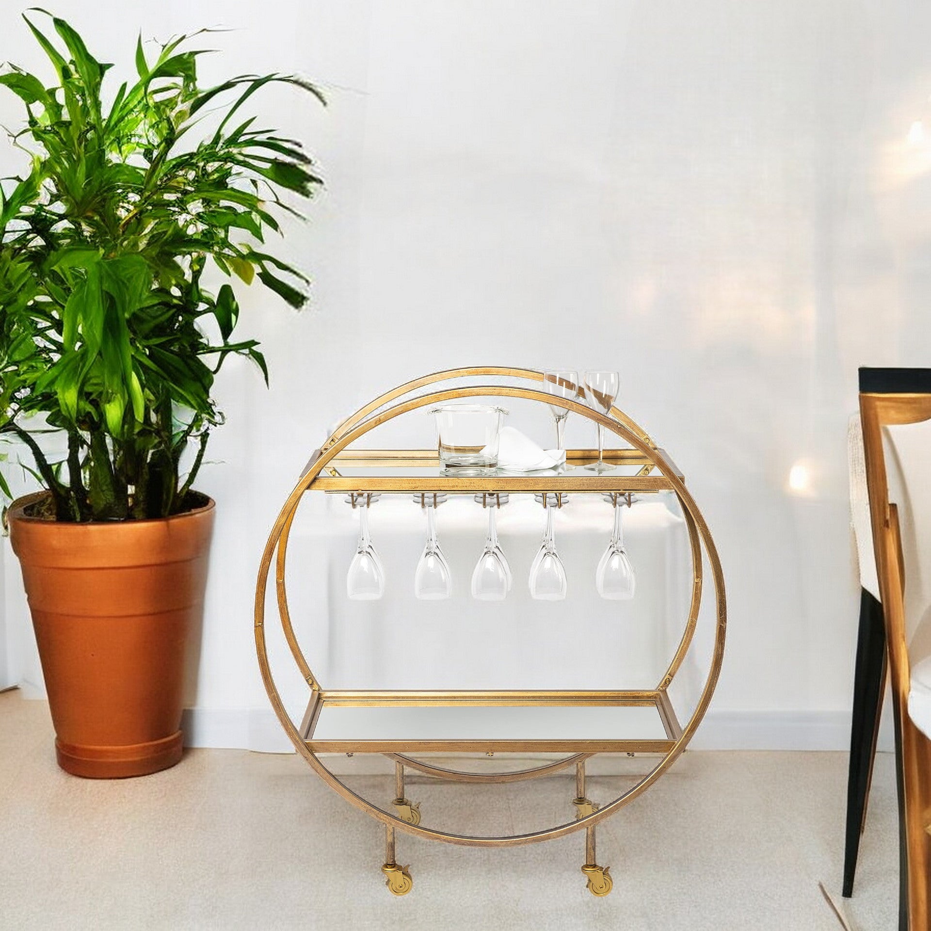 Gold 36" Round Rolling Kitchen Cart With Storage-Kitchen Carts-Islands-DECOROLALA