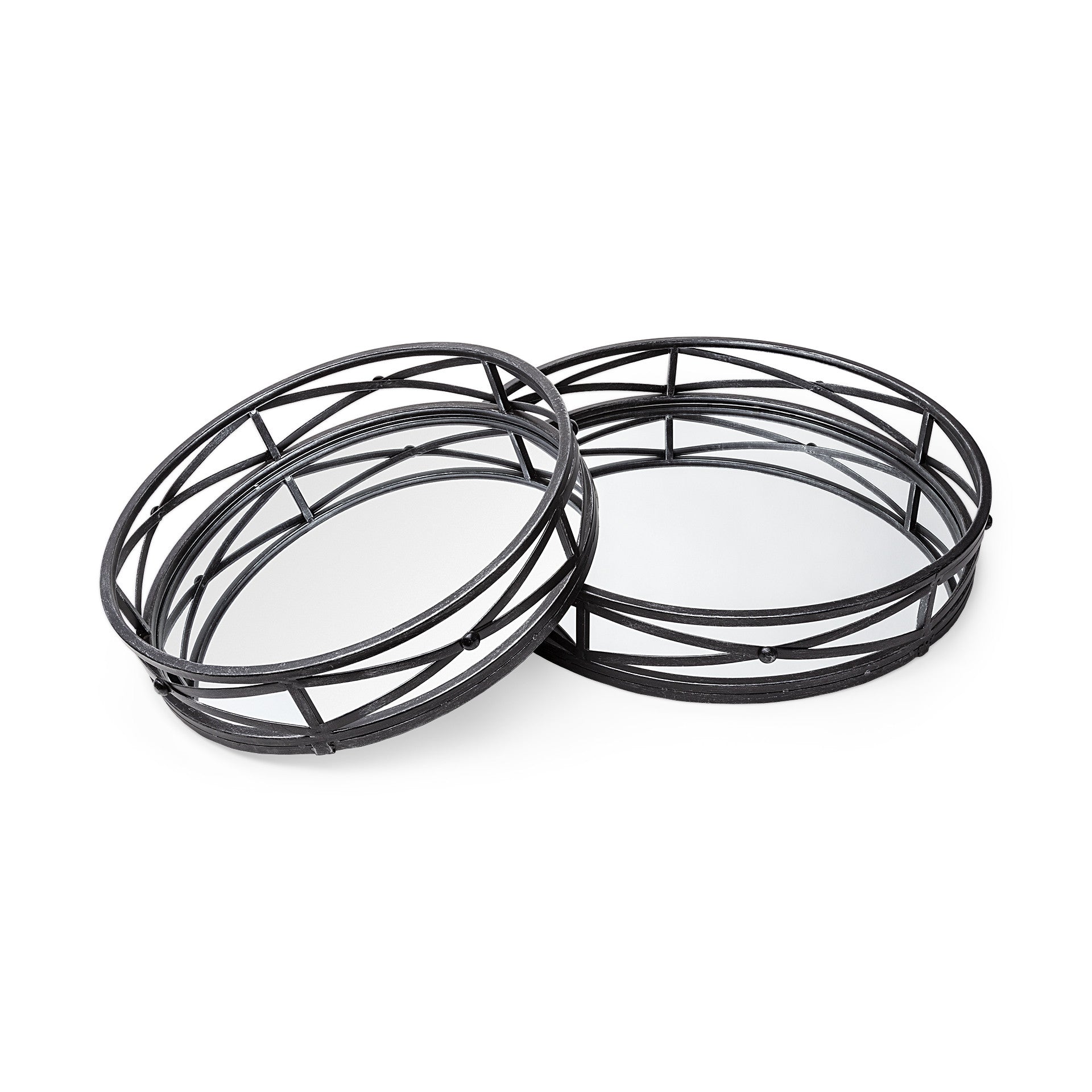 Set of Two Black Round Metal And Mirrored Glass Vanity Trays-1