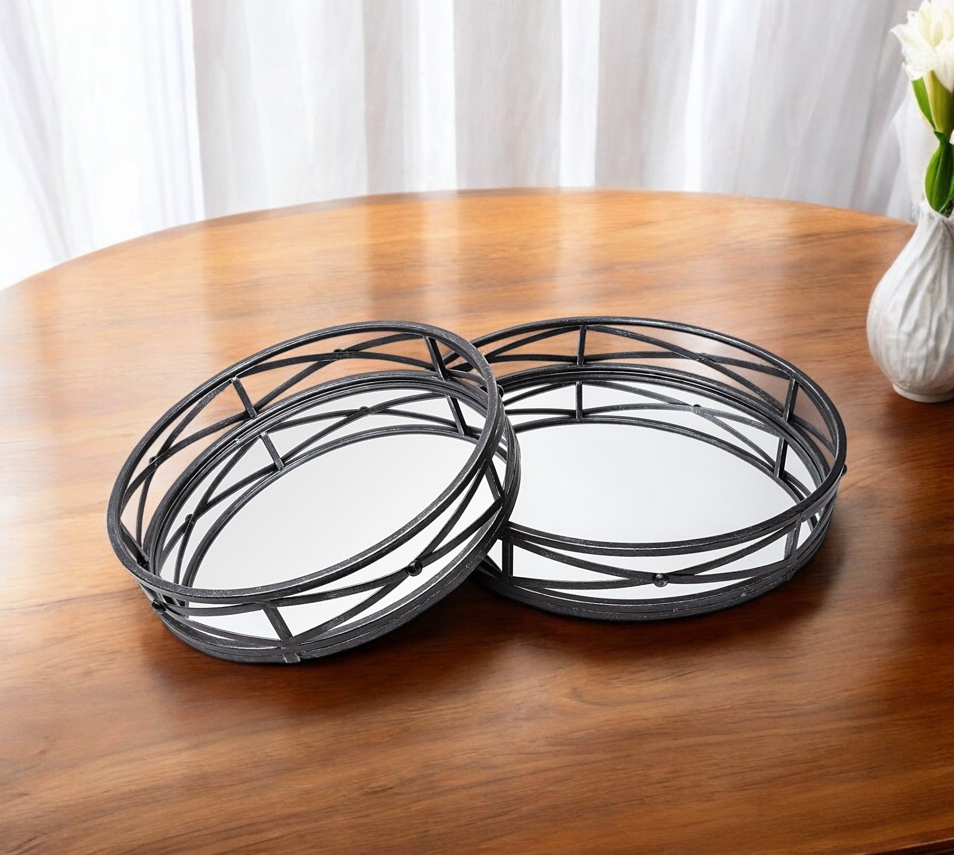 Set of Two Black Round Metal And Mirrored Glass Vanity Trays-0