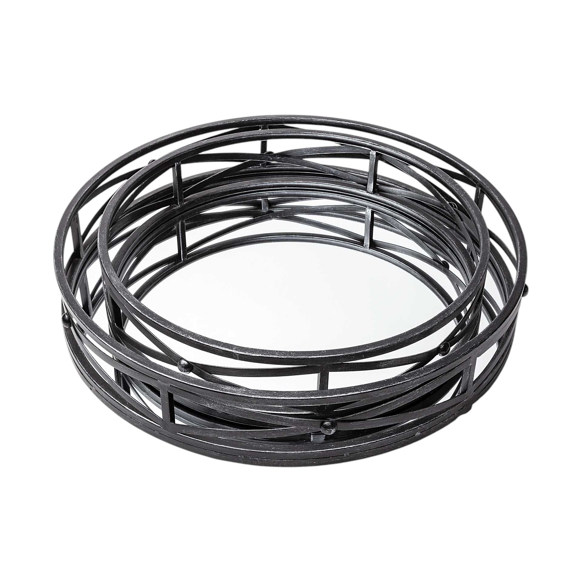 Set of Two Black Round Metal And Mirrored Glass Vanity Trays-2