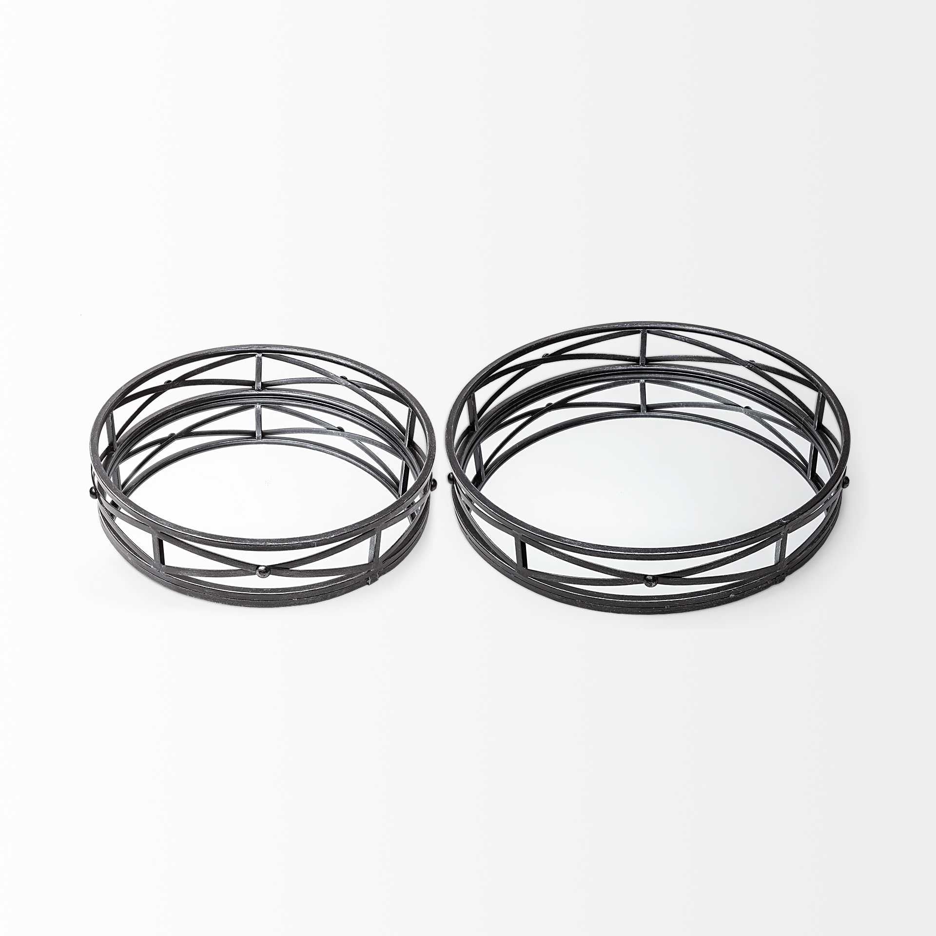 Set of Two Black Round Metal And Mirrored Glass Vanity Trays-3