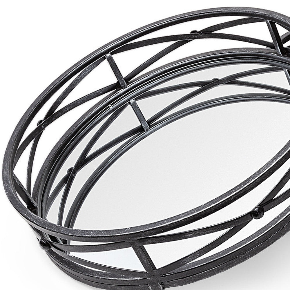Set of Two Black Round Metal And Mirrored Glass Vanity Trays-7