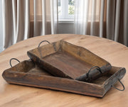 Set of Two Brown Rectangular Wood Indoor Outdoor Serving Tray With Handles-0