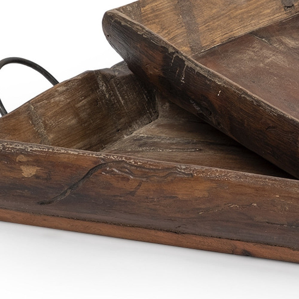 Set of Two Brown Rectangular Wood Indoor Outdoor Serving Tray With Handles-6
