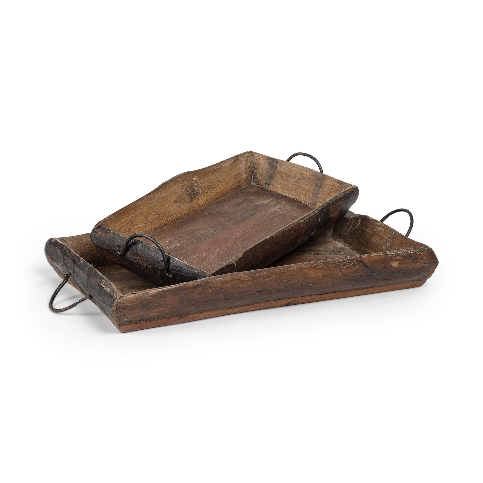 Set of Two Brown Rectangular Wood Indoor Outdoor Serving Tray With Handles-4