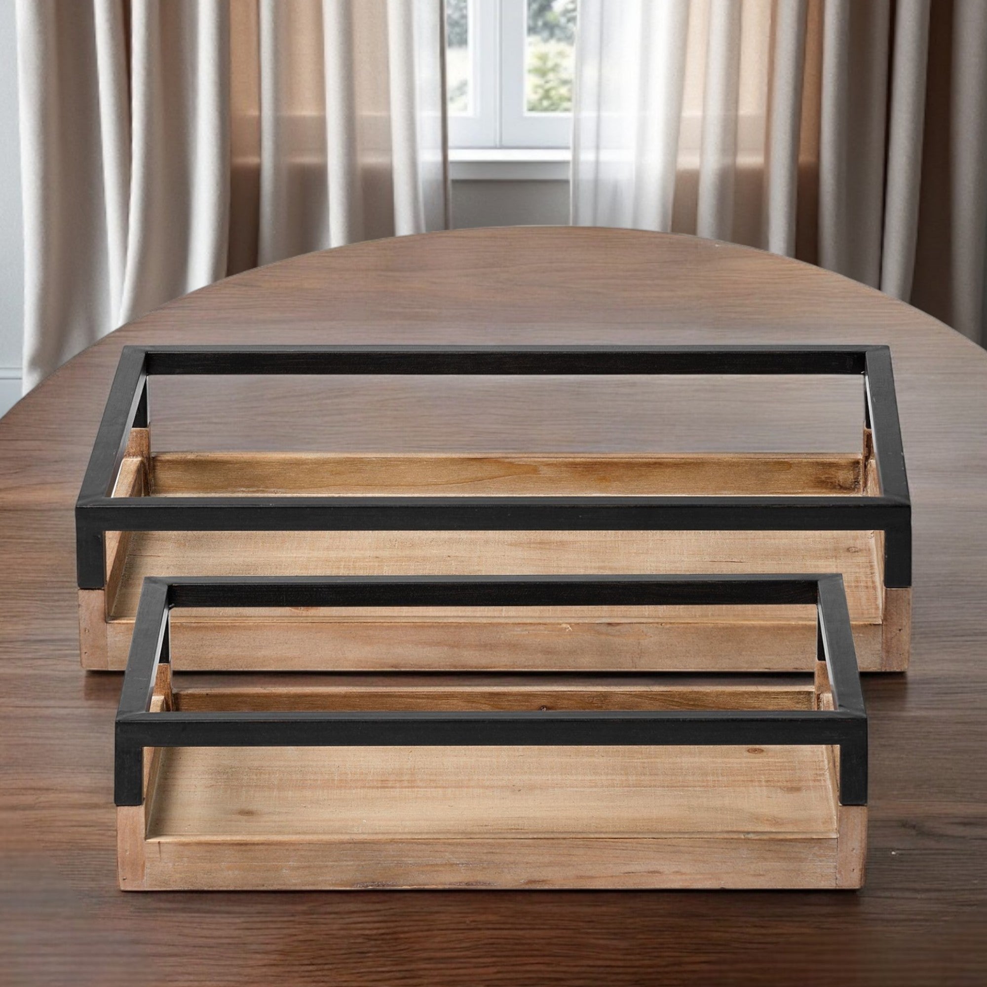 Set of Two Brown Wood Indoor Outdoor Tray With Handles-0