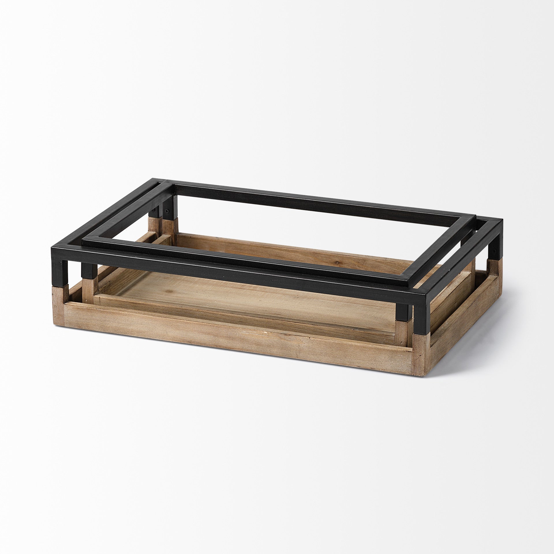 Set of Two Brown Wood Indoor Outdoor Tray With Handles-1