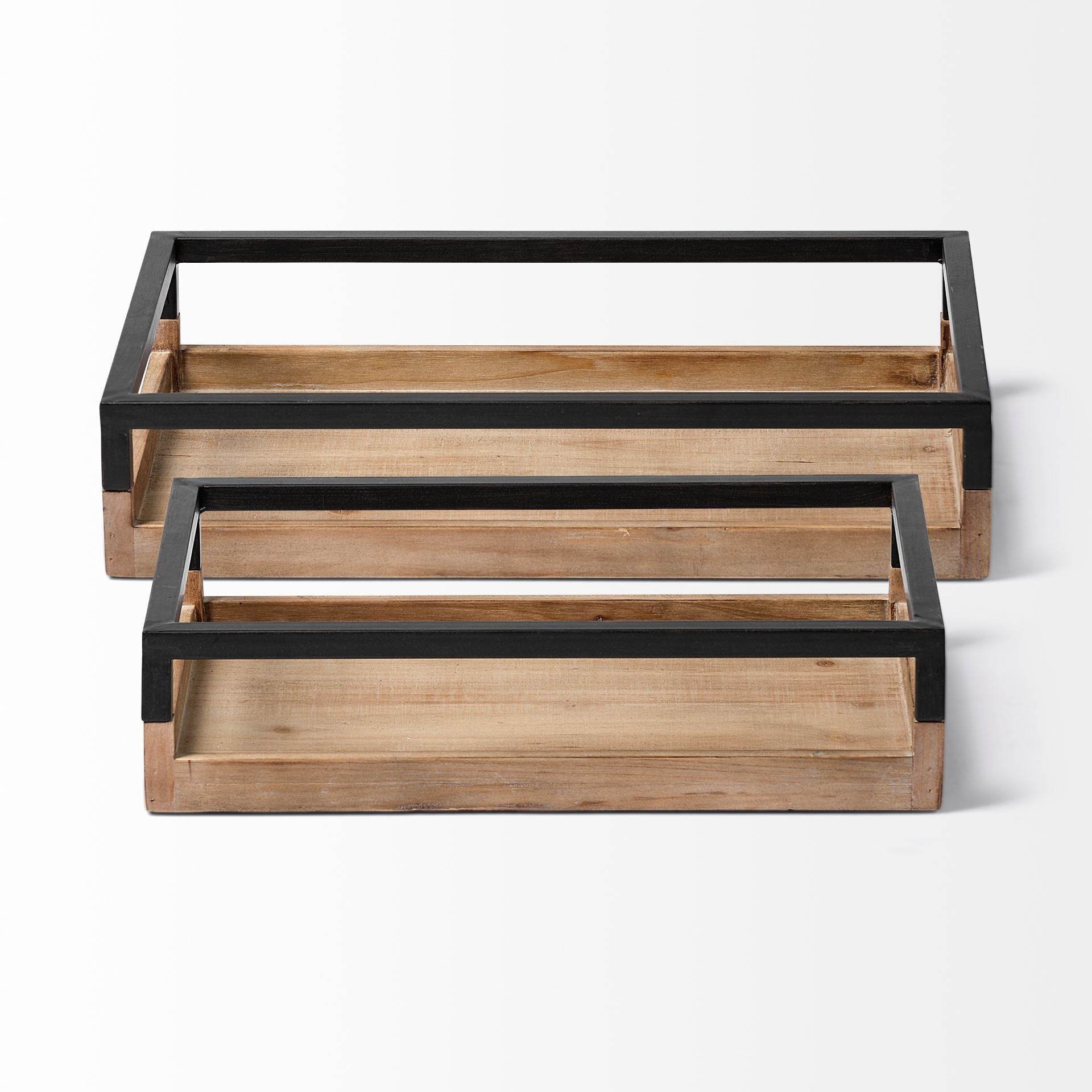 Set of Two Brown Wood Indoor Outdoor Tray With Handles-2