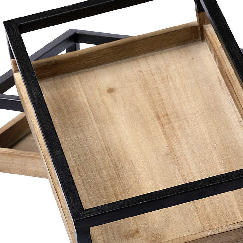 Set of Two Brown Wood Indoor Outdoor Tray With Handles-4