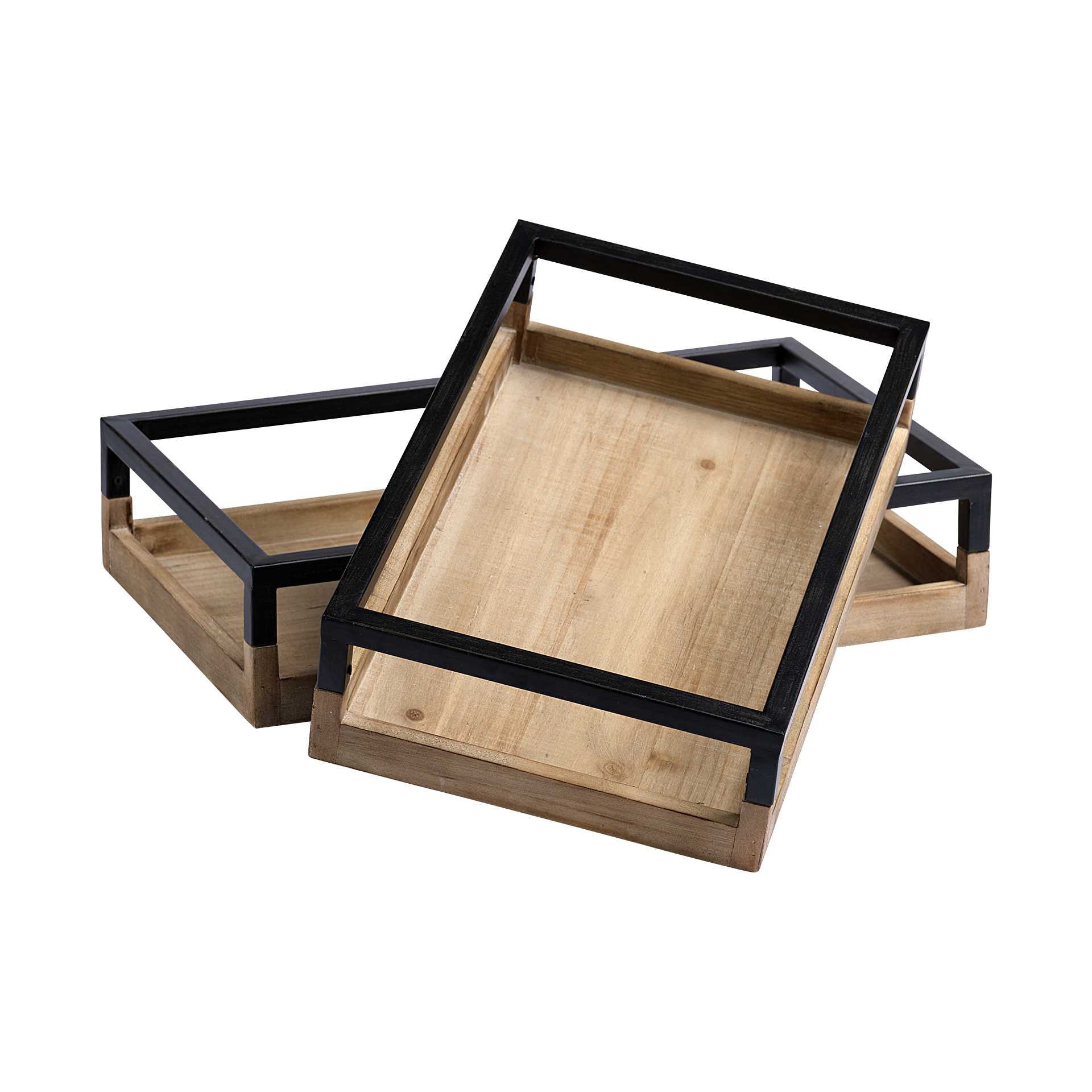 Set of Two Brown Wood Indoor Outdoor Tray With Handles-5