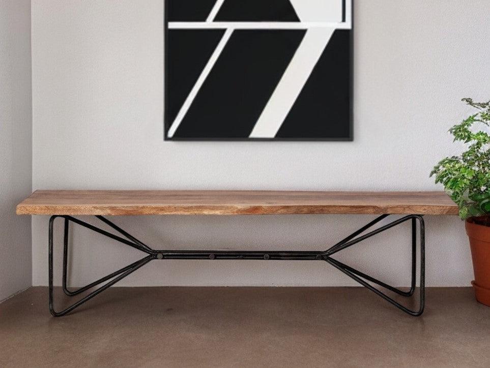 66" Brown and Black Distressed Live Edge Solid Wood Dining Bench-Benches-DECOROLALA
