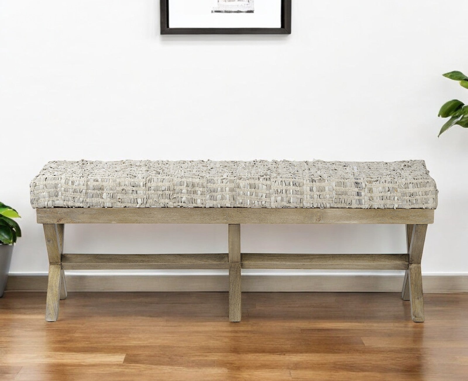 16" Beige and Brown Upholstered Faux Leather Bench-Benches-DECOROLALA