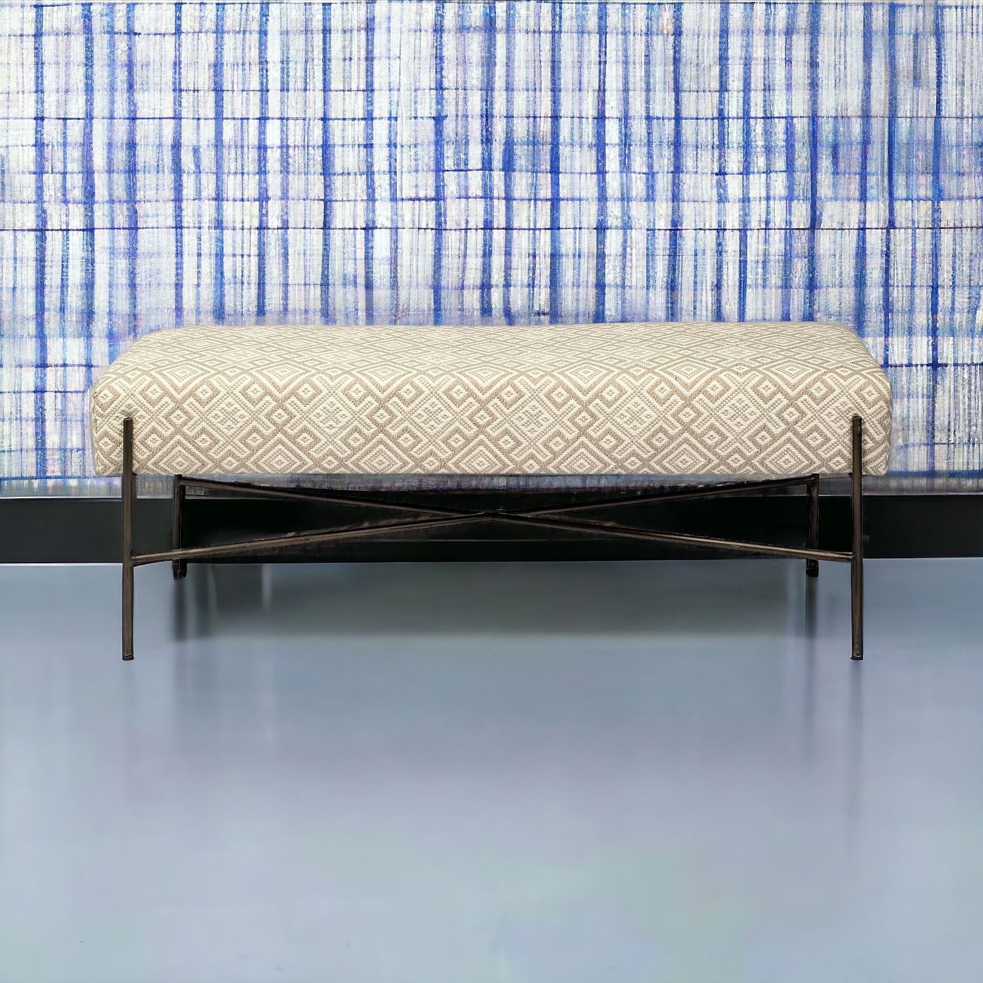 17" Cream and Black Upholstered Cotton Blend Geometric Bench-Benches-DECOROLALA