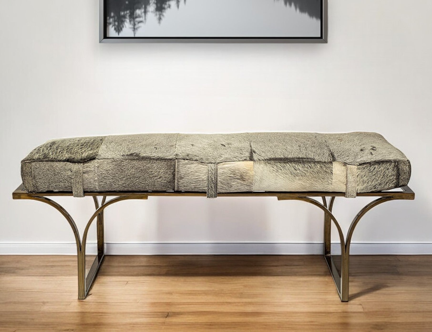 55" Gray and Antiqued Brass Faux Fur Upholstery Bench-Benches-DECOROLALA