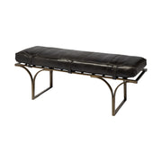 16" Black And Antiqued Brass Upholstered Genuine Leather Bench-Benches-DECOROLALA