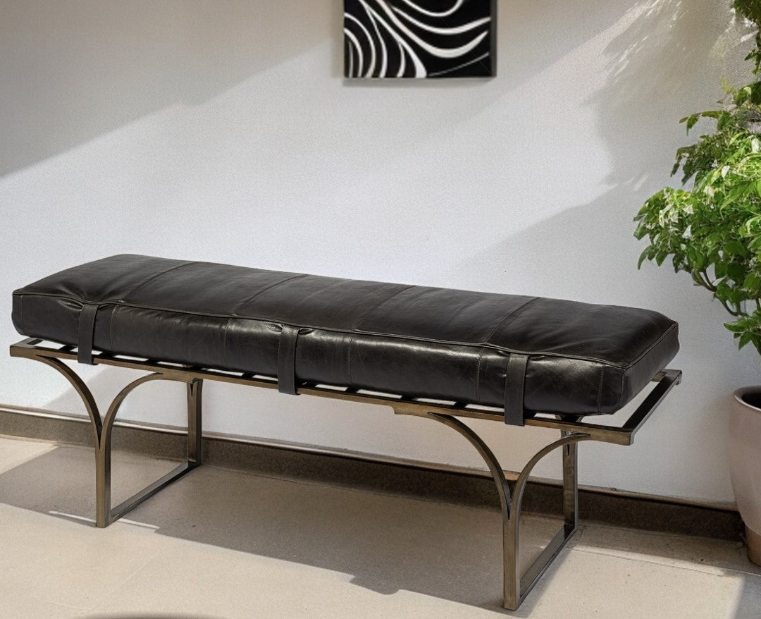 16" Black And Antiqued Brass Upholstered Genuine Leather Bench-Benches-DECOROLALA