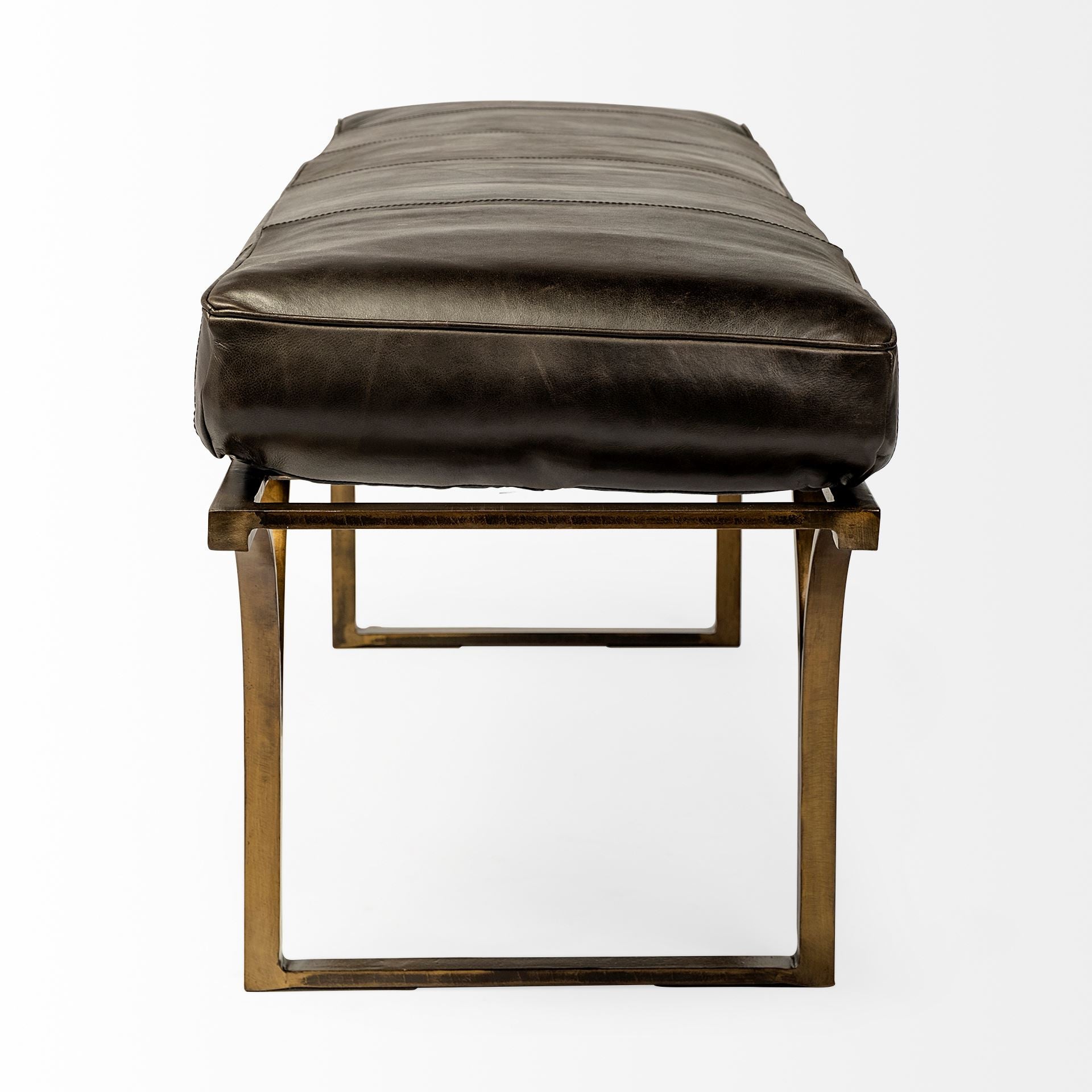 16" Black And Antiqued Brass Upholstered Genuine Leather Bench-Benches-DECOROLALA
