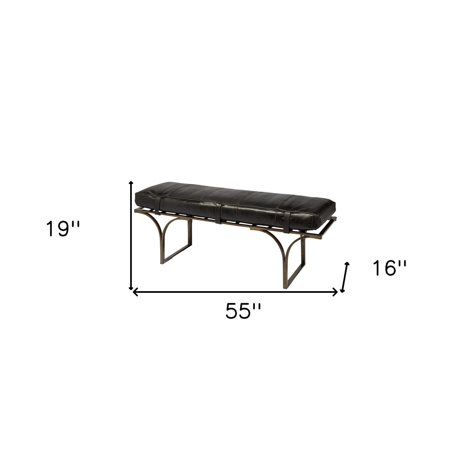16" Black And Antiqued Brass Upholstered Genuine Leather Bench-Benches-DECOROLALA