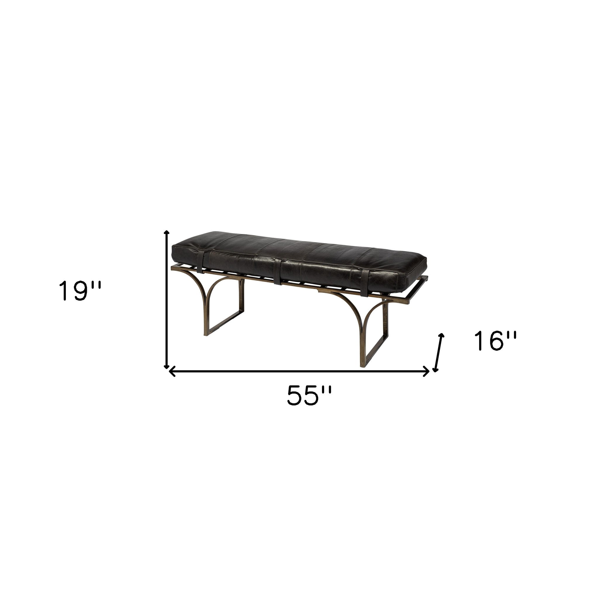16" Black And Antiqued Brass Upholstered Genuine Leather Bench-Benches-DECOROLALA
