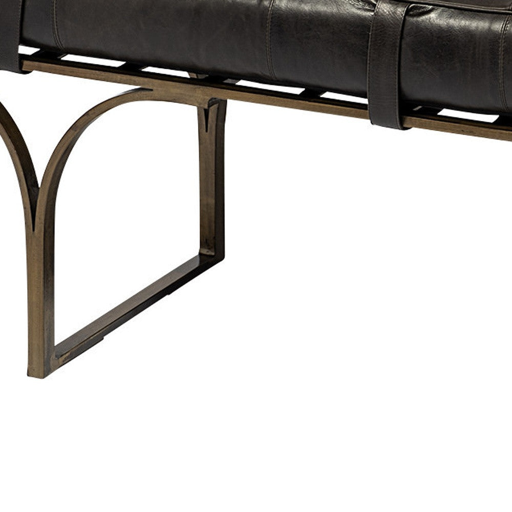 16" Black And Antiqued Brass Upholstered Genuine Leather Bench-Benches-DECOROLALA