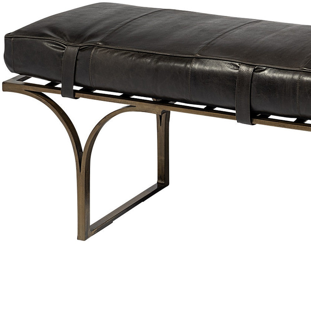 16" Black And Antiqued Brass Upholstered Genuine Leather Bench-Benches-DECOROLALA