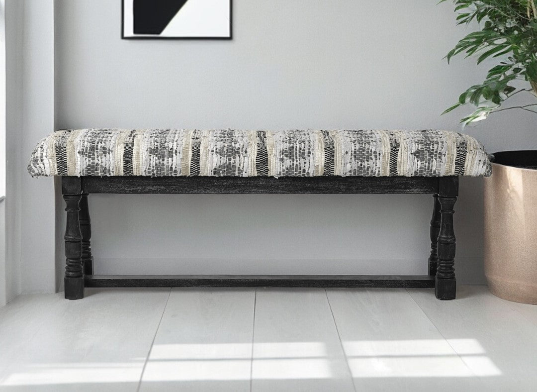 15" Off White and Black Upholstered Faux Leather Bench-Benches-DECOROLALA
