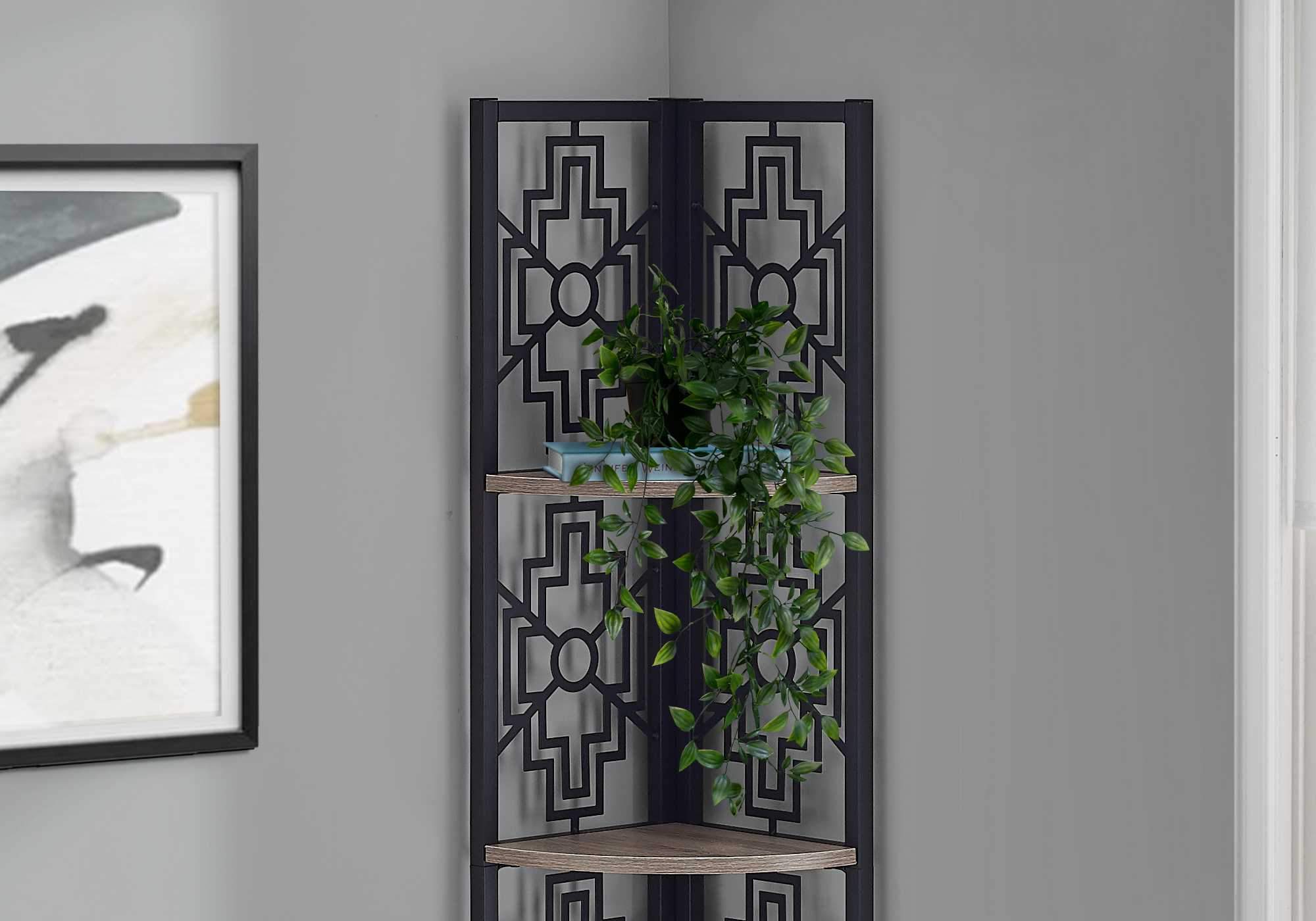 62inches Bookcase with 4 Solid Taupe Shelves and Black Metal Corner