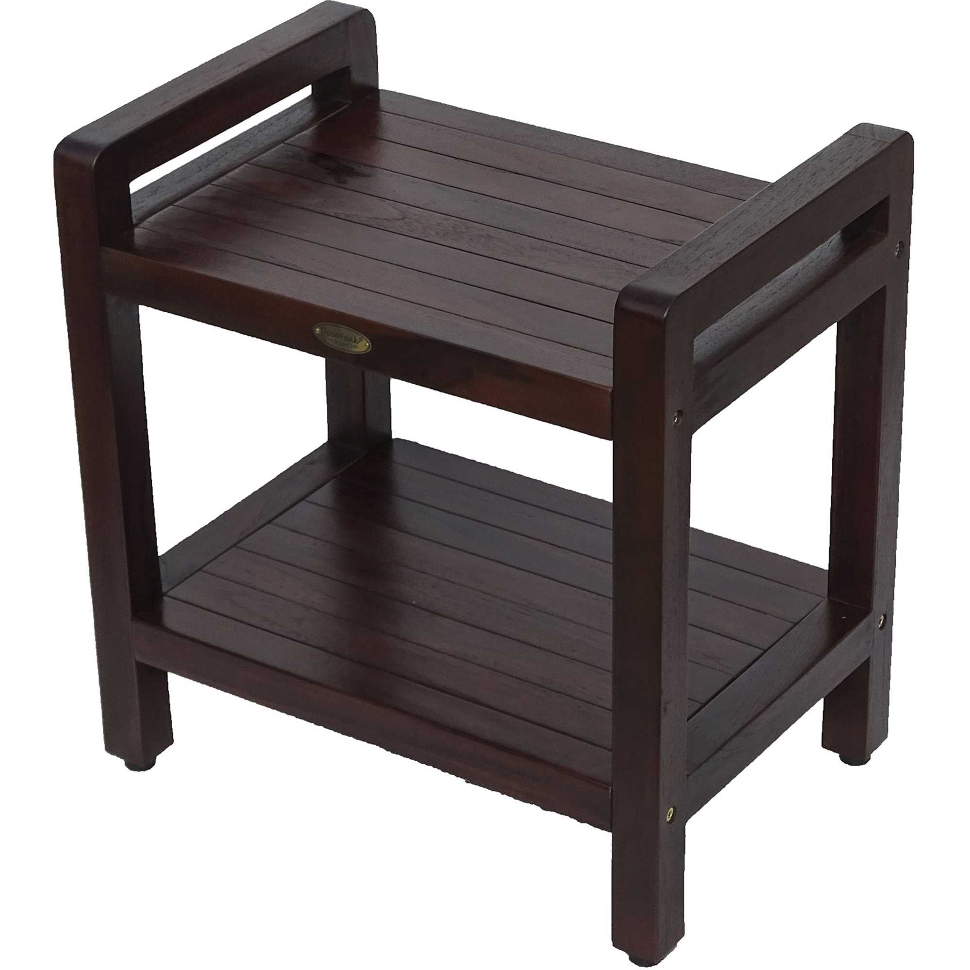 Rectangular Teak Shower Bench With Handles In Brown Finish-0