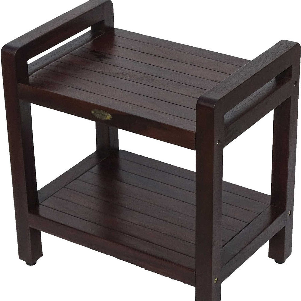 Rectangular Teak Shower Bench With Handles In Brown Finish-5