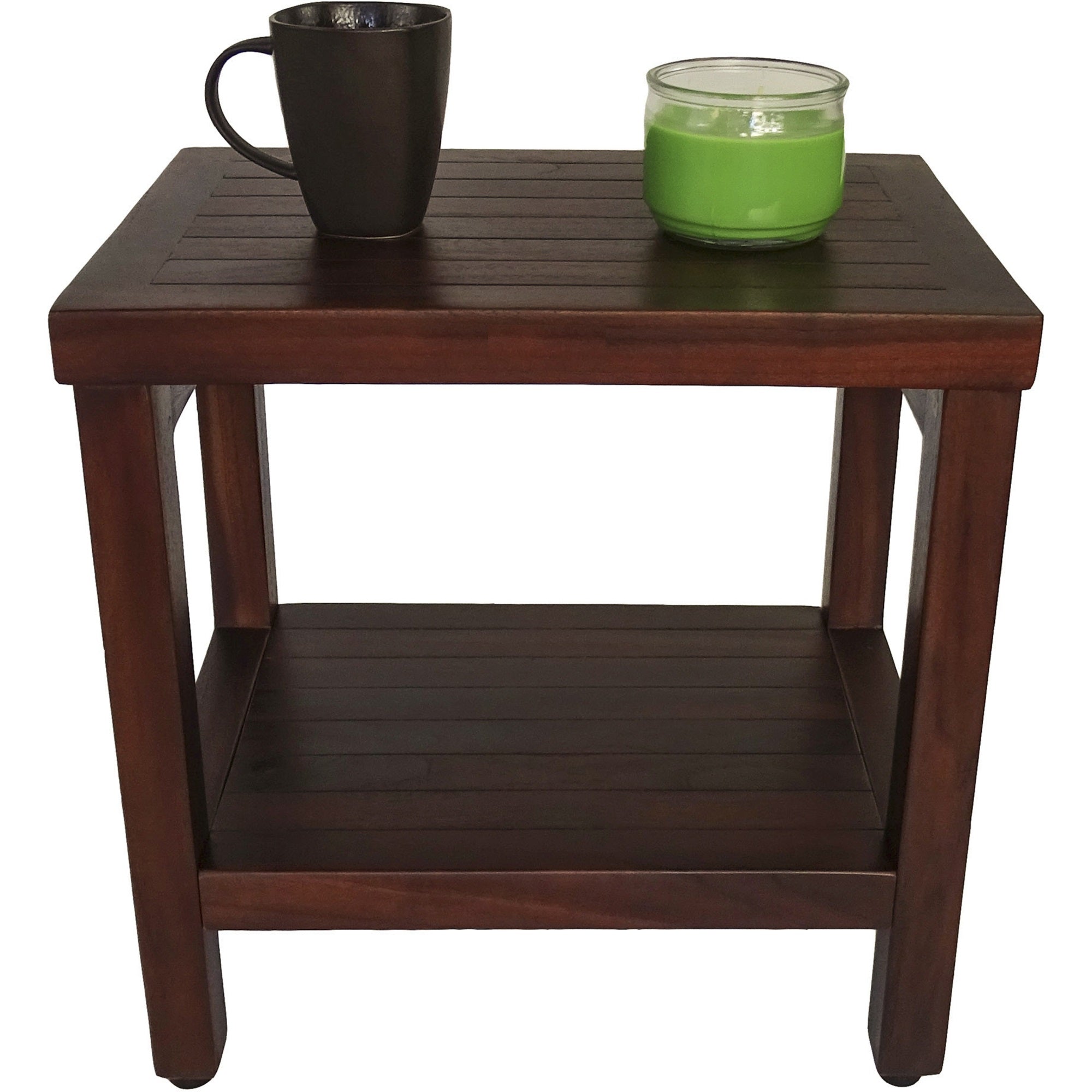 Compact Rectangular Teak Shower Or Outdoor Bench With Shelf In Brown Finish-3