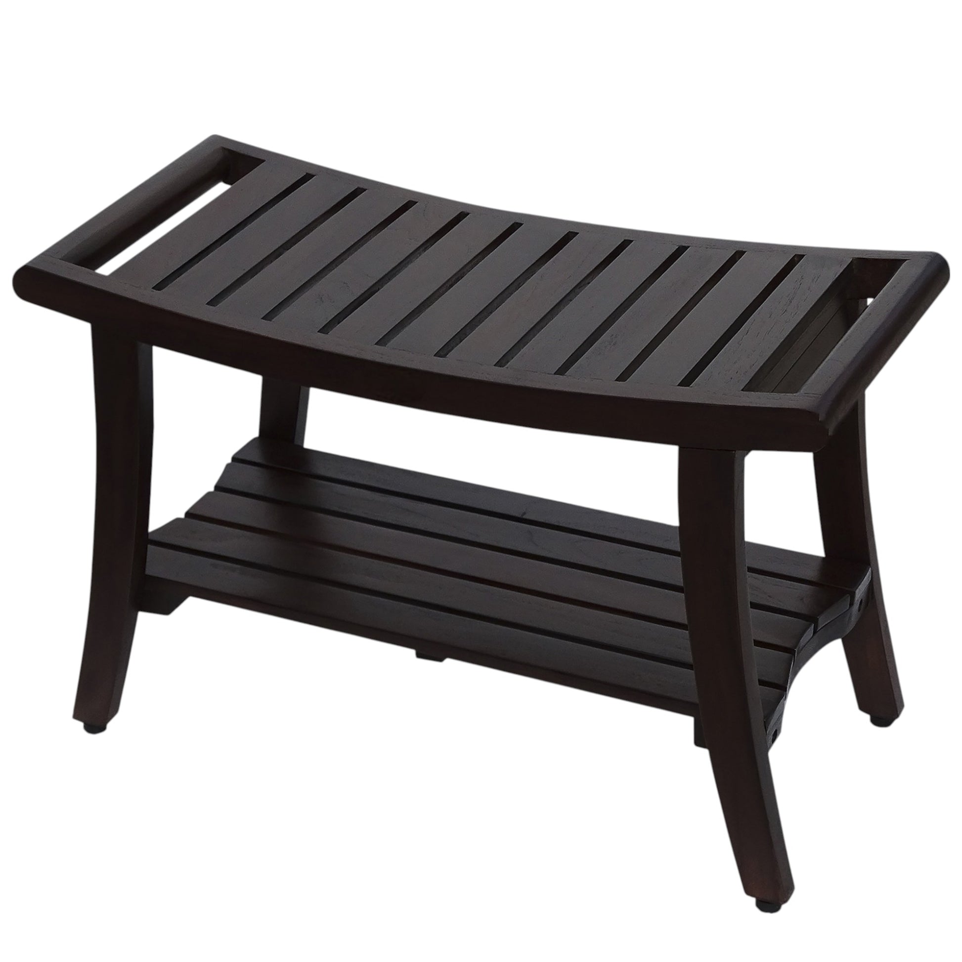 30" Dark Brown Teak Rectangular Shower Bench With Shelf-0