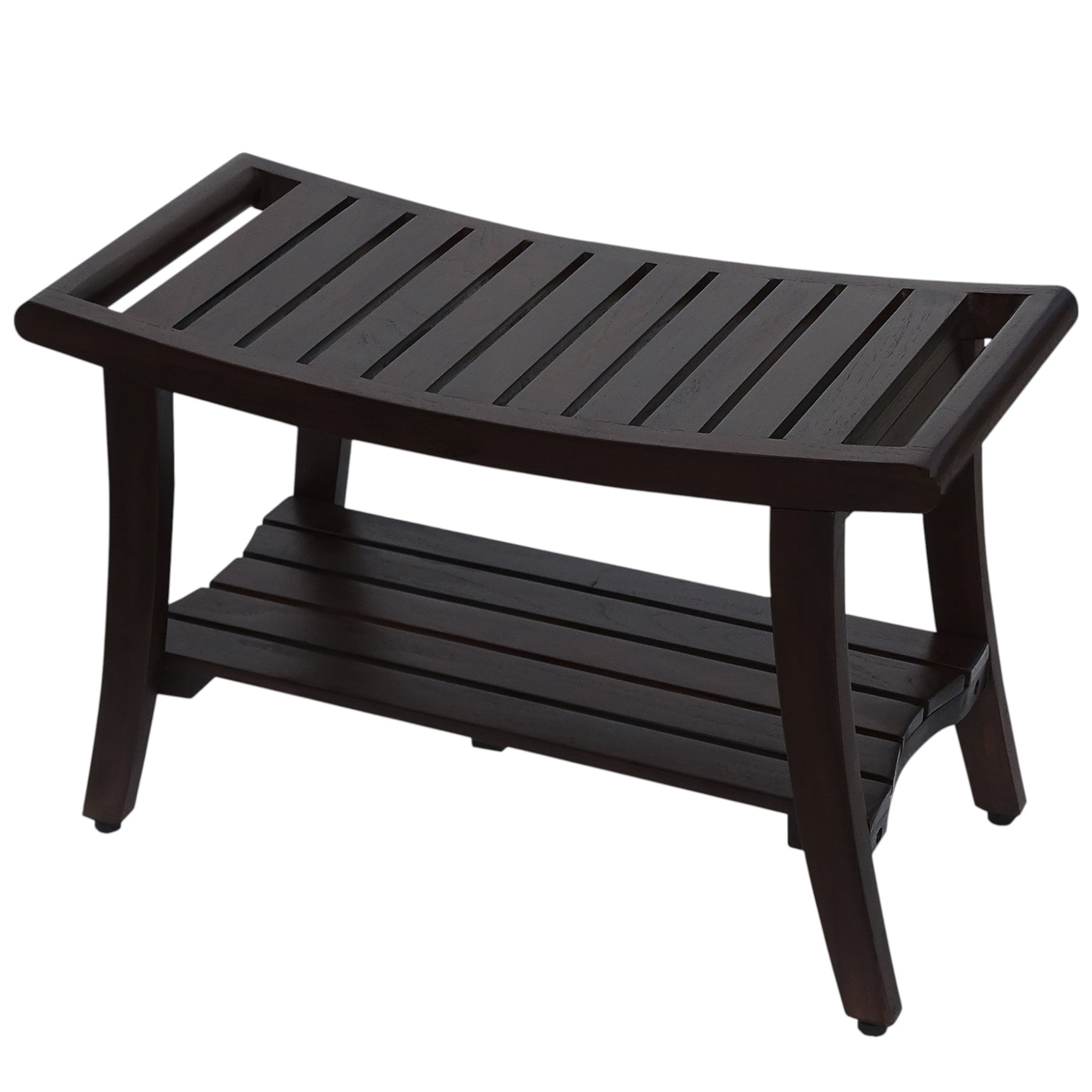 30" Dark Brown Teak Rectangular Shower Bench With Shelf-0