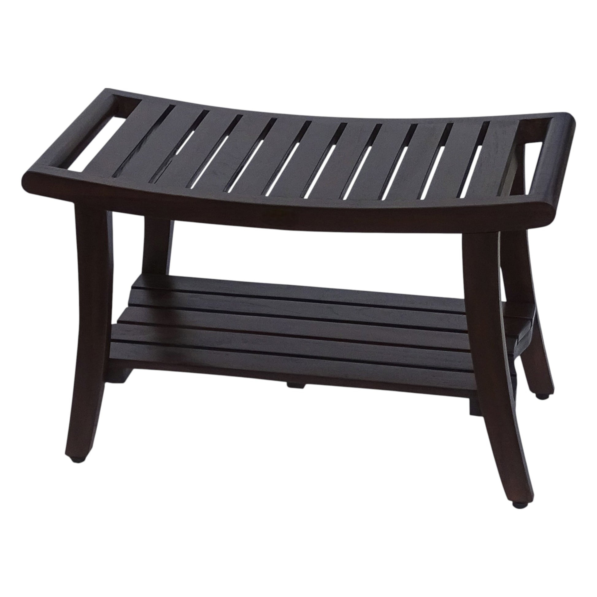 30" Dark Brown Teak Rectangular Shower Bench With Shelf-2
