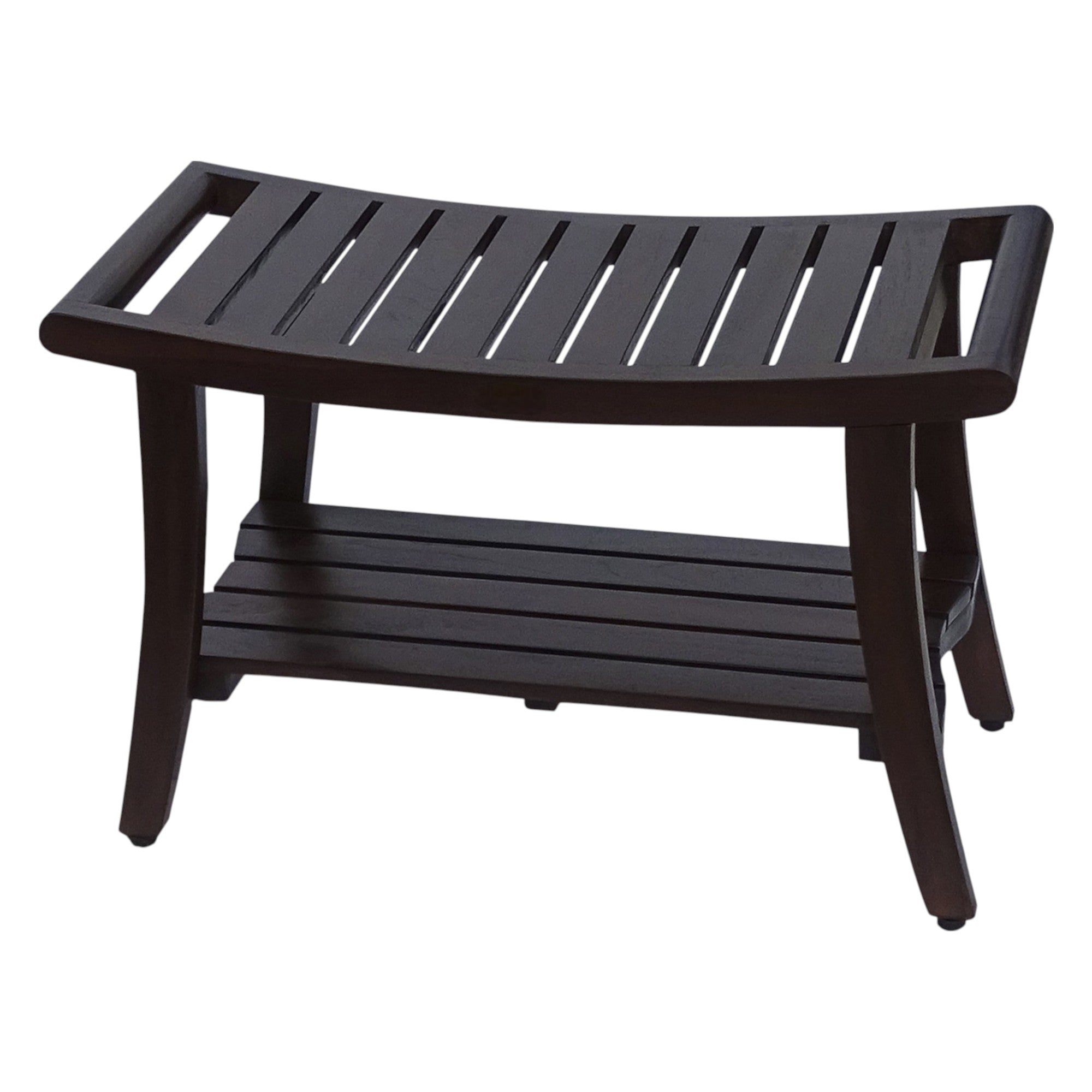 30" Dark Brown Teak Rectangular Shower Bench With Shelf-2